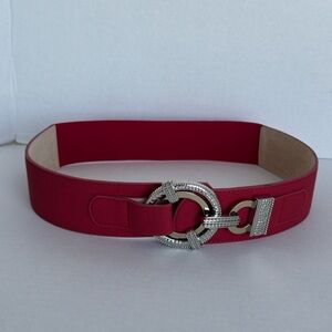 Chico’s Red Stretch /Leather Sz M Belt with Rhinestone Double-Ring Buckles NWOT